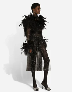 Calf-length stretch tulle dress with fusible rhinestones and rooster and ostrich feather embellishment
