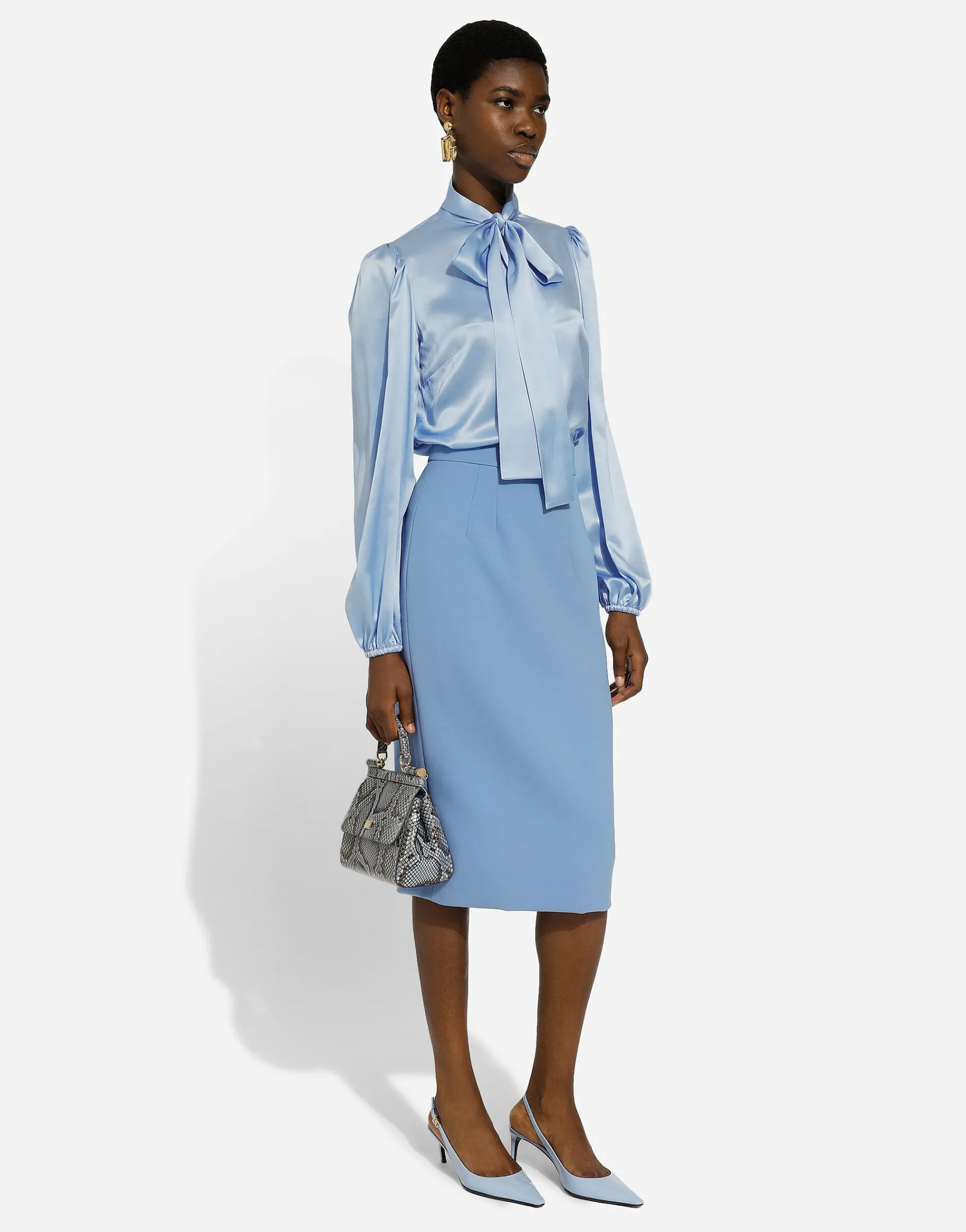 Calf-length wool crêpe pencil skirt with DG logo