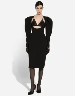 Calf-length wool dress with open neckline