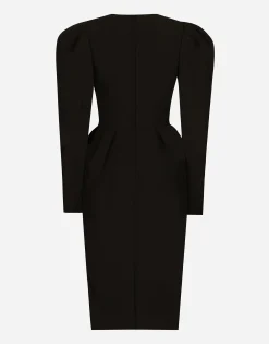 Calf-length wool dress with open neckline