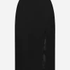 Calf-length wool gabardine skirt with slit