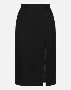 Calf-length wool gabardine skirt with slit