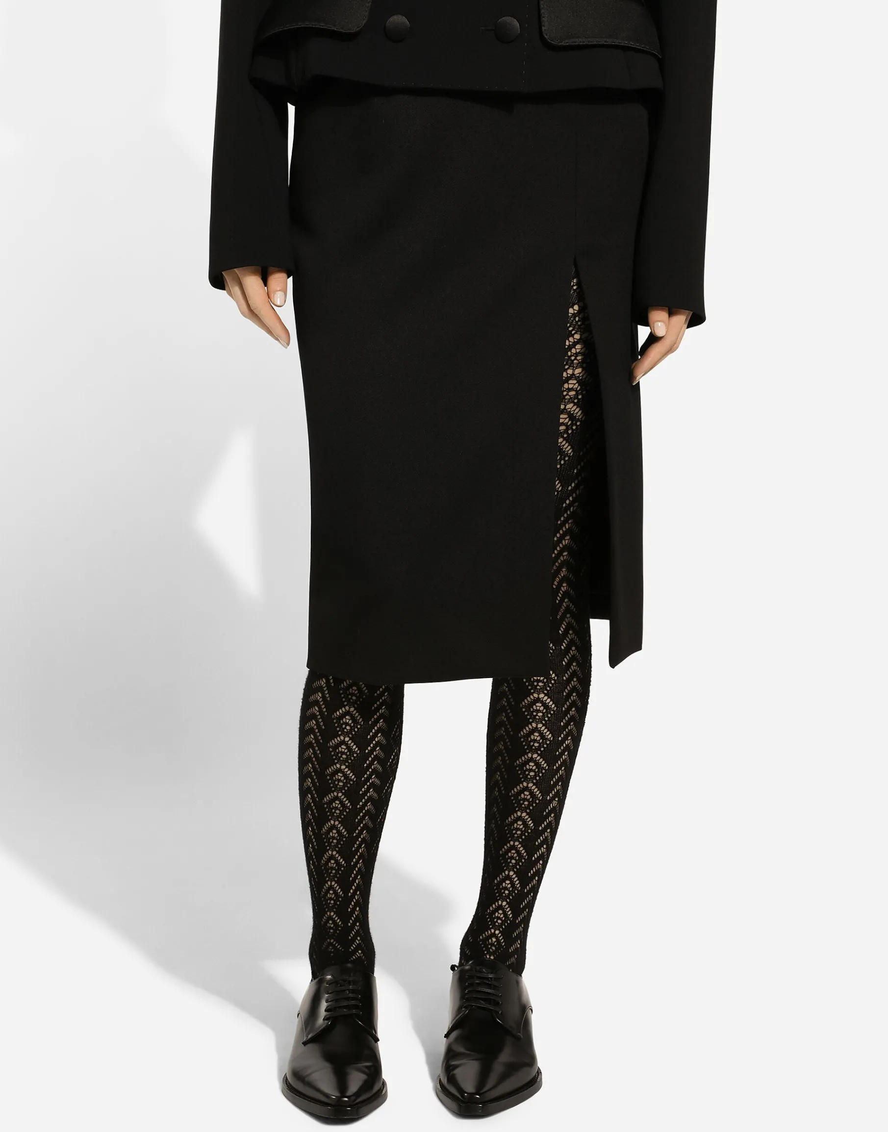 Calf-length wool gabardine skirt with slit