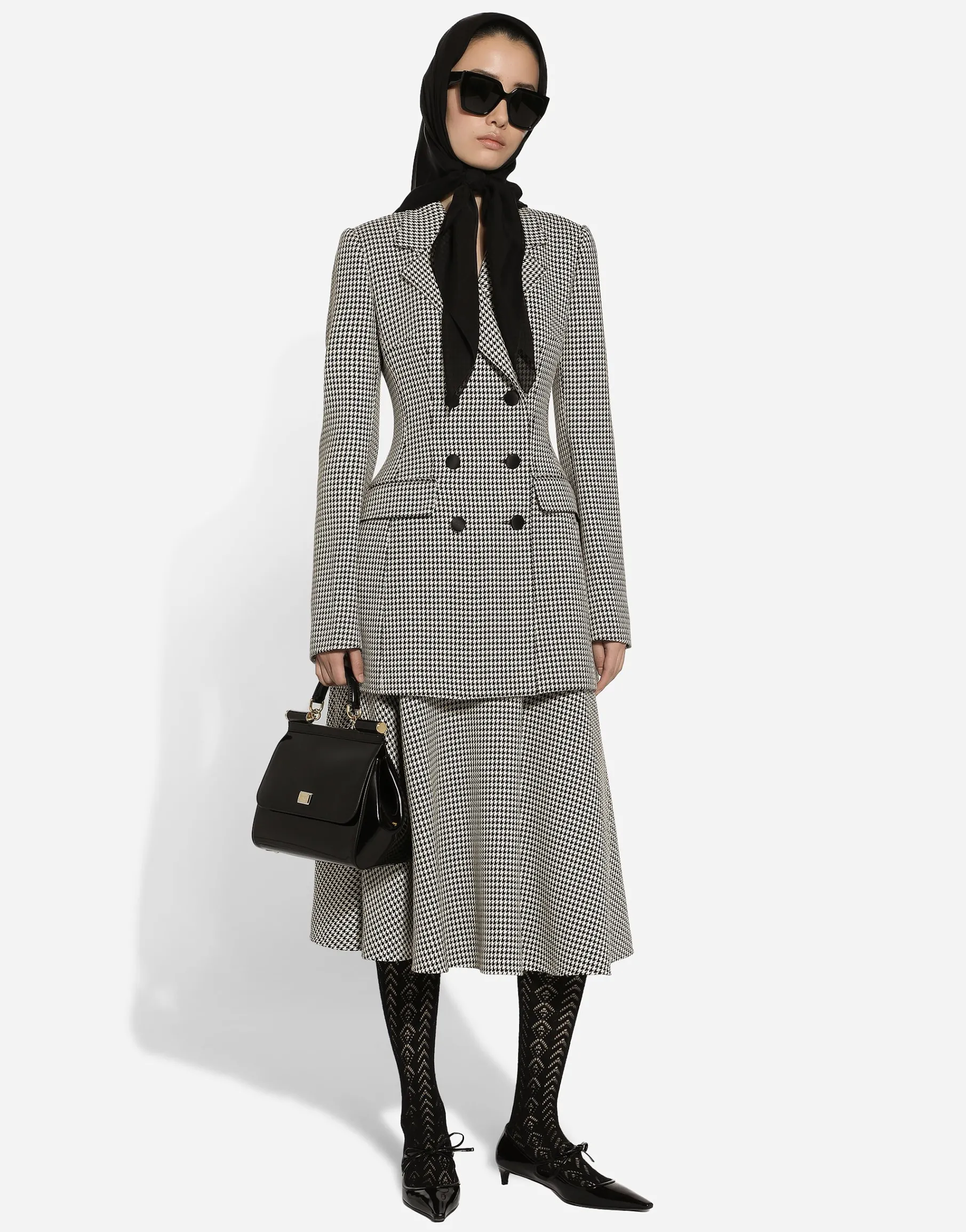 Calf-length wool houndstooth circle skirt