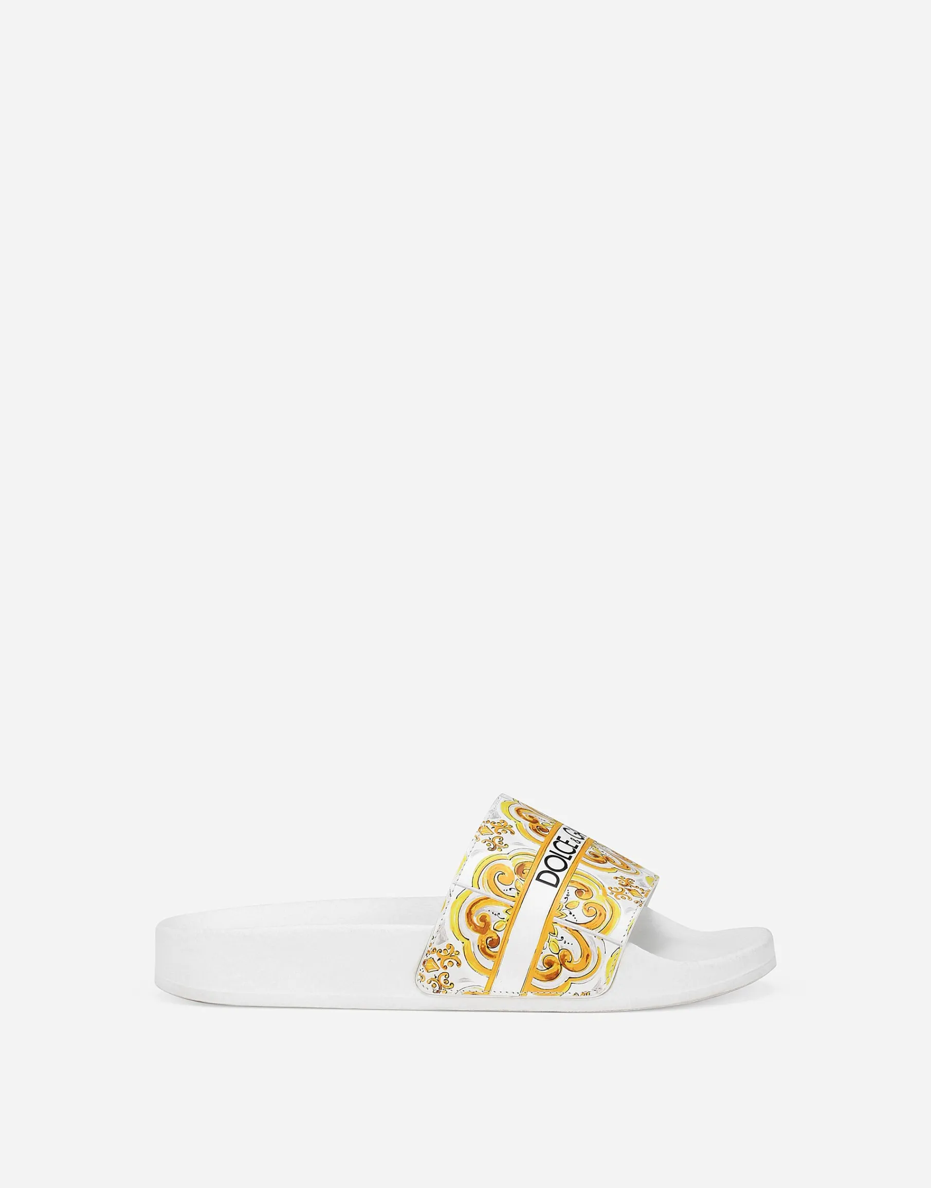 Calfskin beach sliders with the yellow majolica print