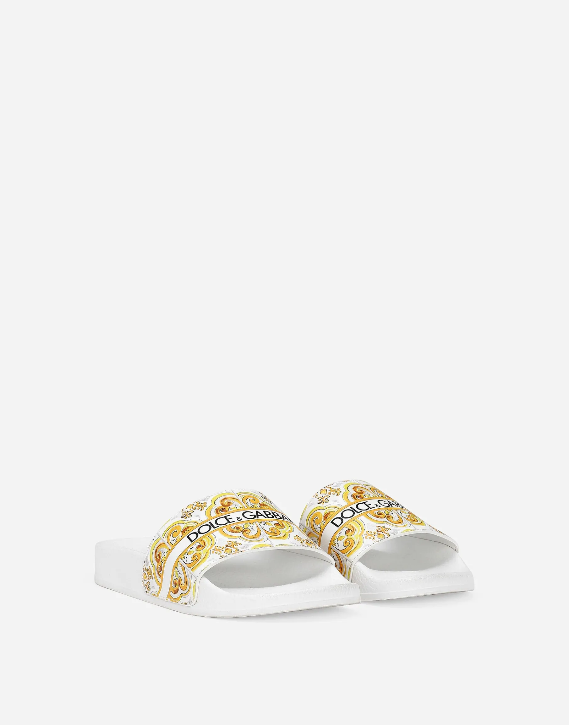Calfskin beach sliders with the yellow majolica print