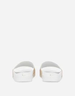 Calfskin beach sliders with the yellow majolica print