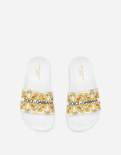 Calfskin beach sliders with the yellow majolica print