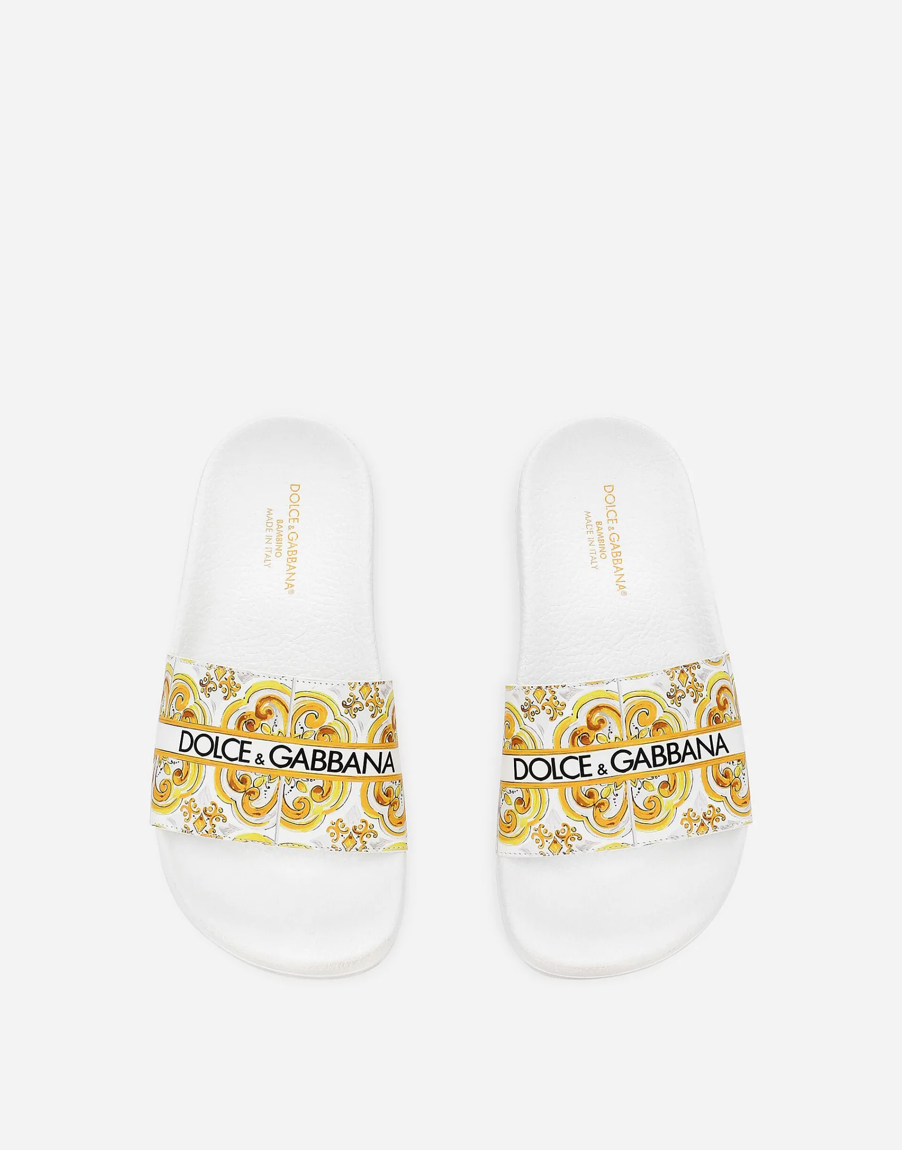 Calfskin beach sliders with the yellow majolica print