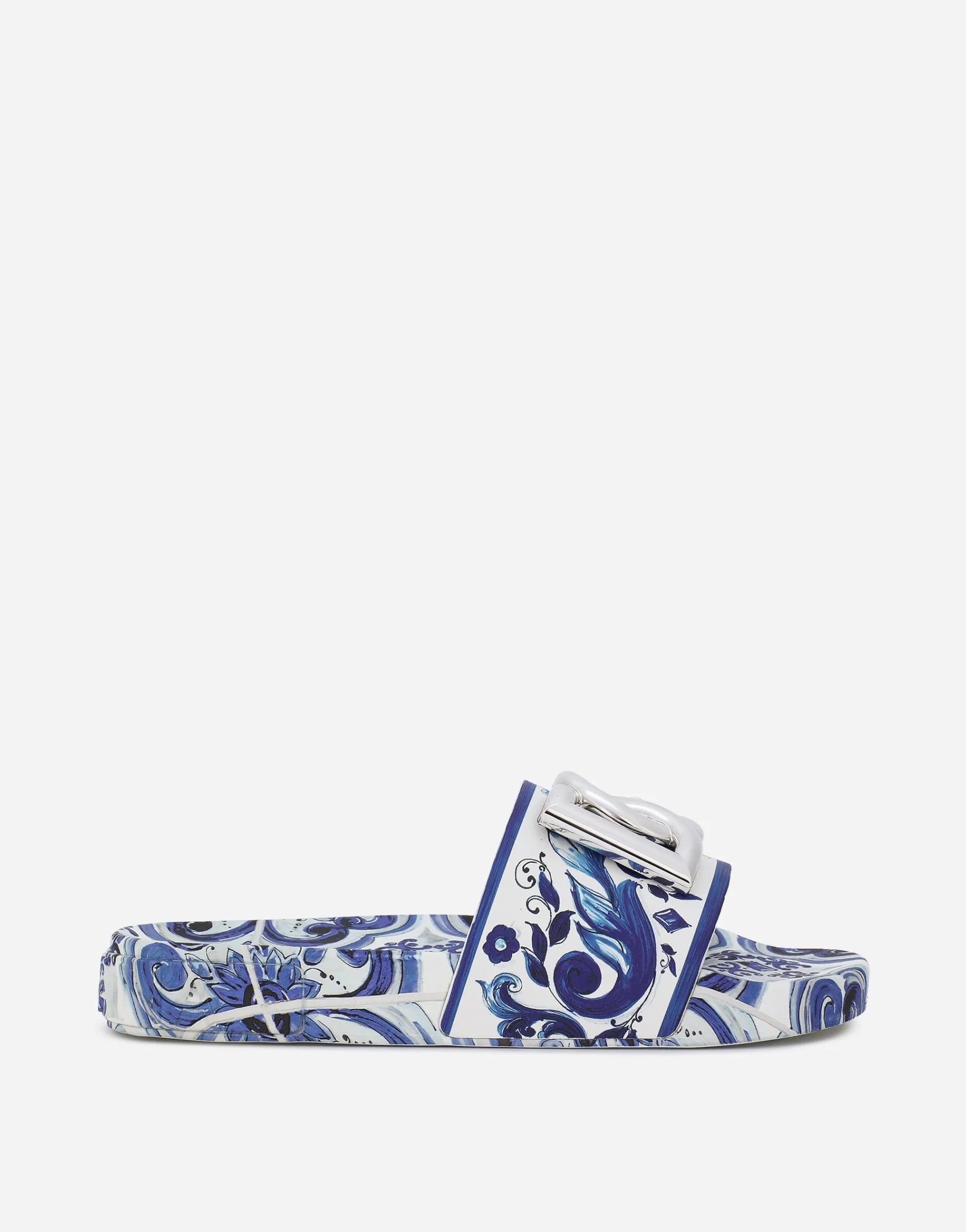 Calfskin beachwear sliders in majolica-design rubberized calfskin