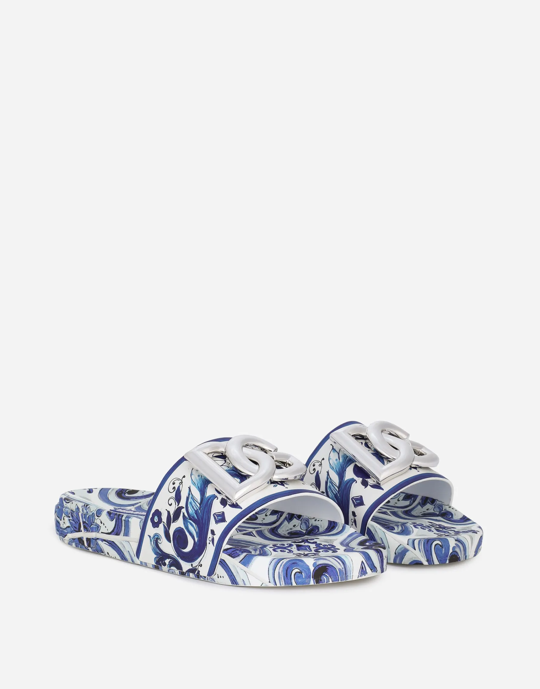 Calfskin beachwear sliders in majolica-design rubberized calfskin