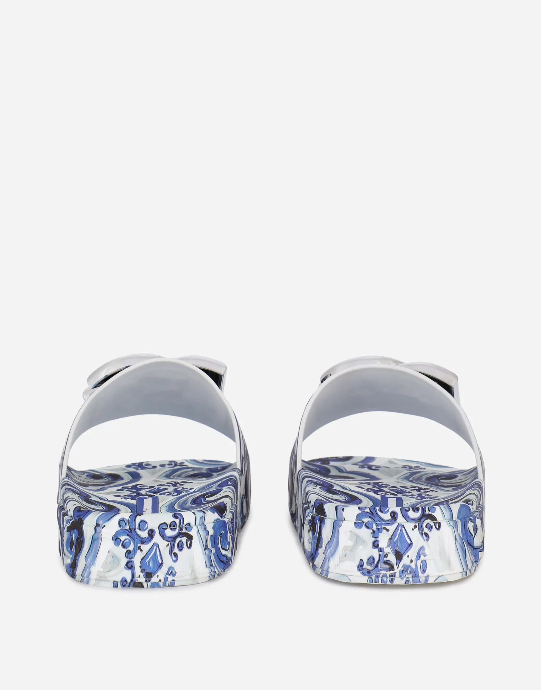 Calfskin beachwear sliders in majolica-design rubberized calfskin