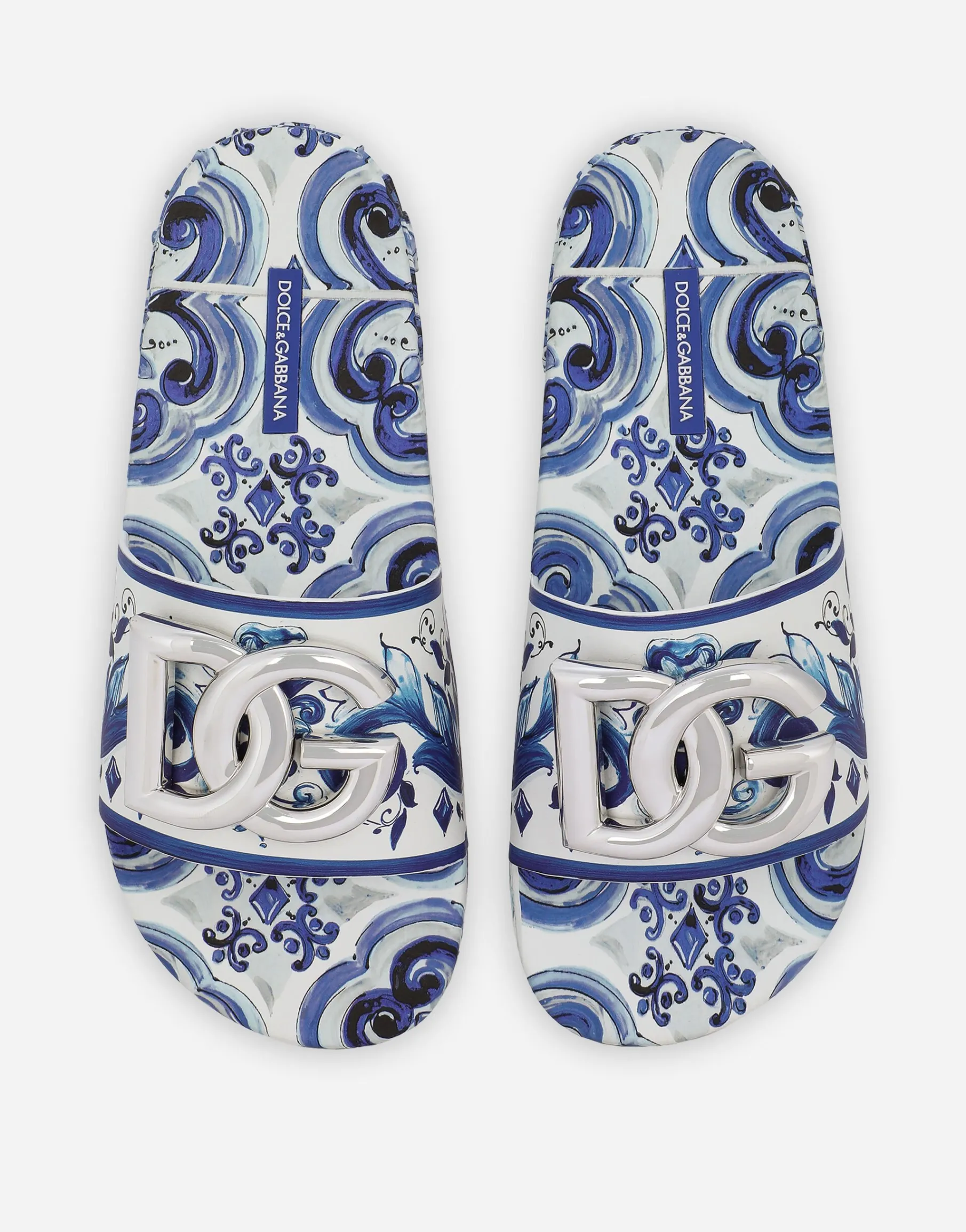 Calfskin beachwear sliders in majolica-design rubberized calfskin