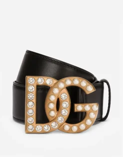 Calfskin belt with bejeweled DG logo