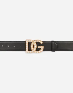 Calfskin belt with bejeweled DG logo