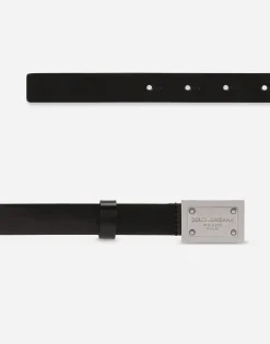 Calfskin belt with branded tag