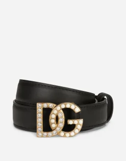 Calfskin belt with DG logo with rhinestones and pearls