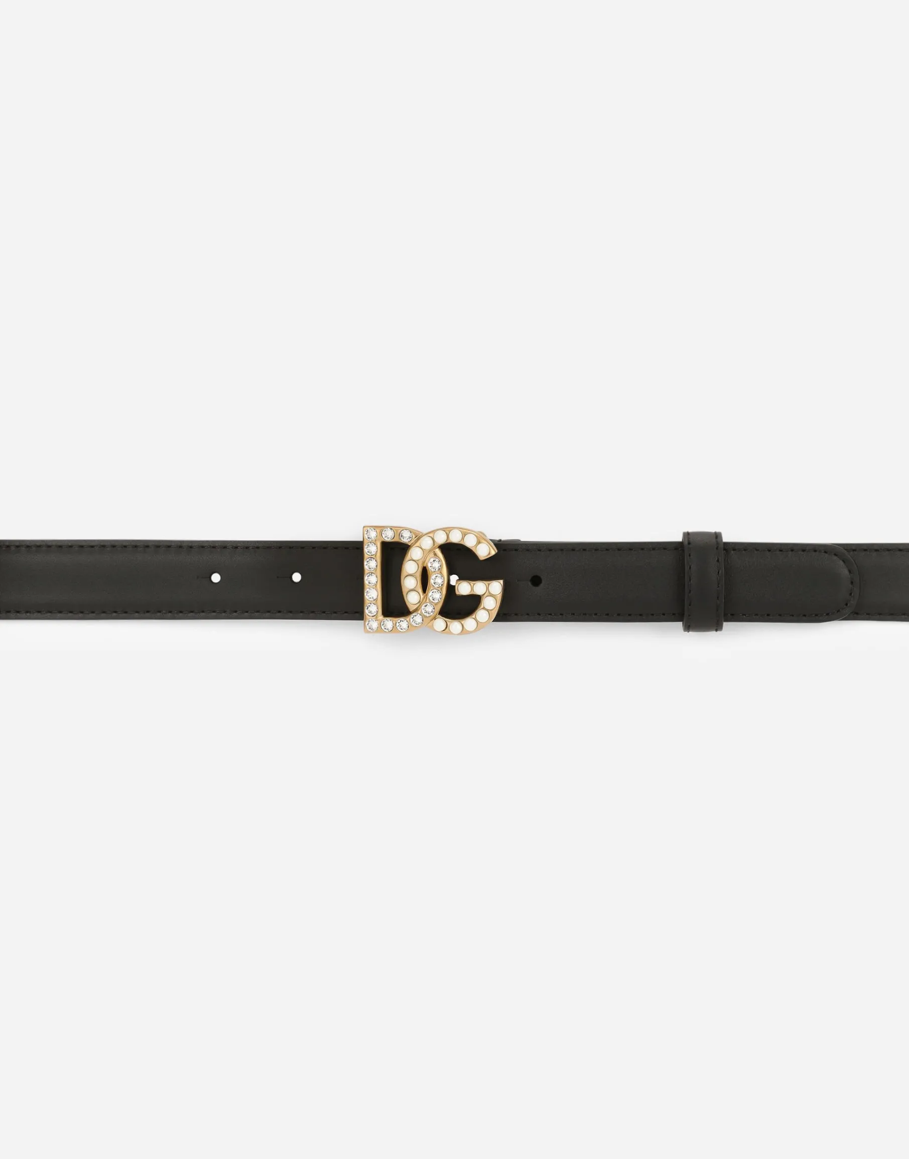 Calfskin belt with DG logo with rhinestones and pearls