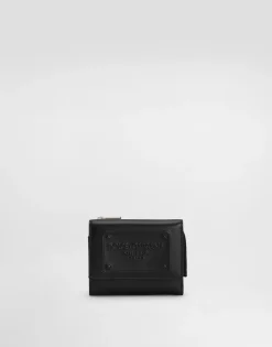 Calfskin French flap wallet with raised logo