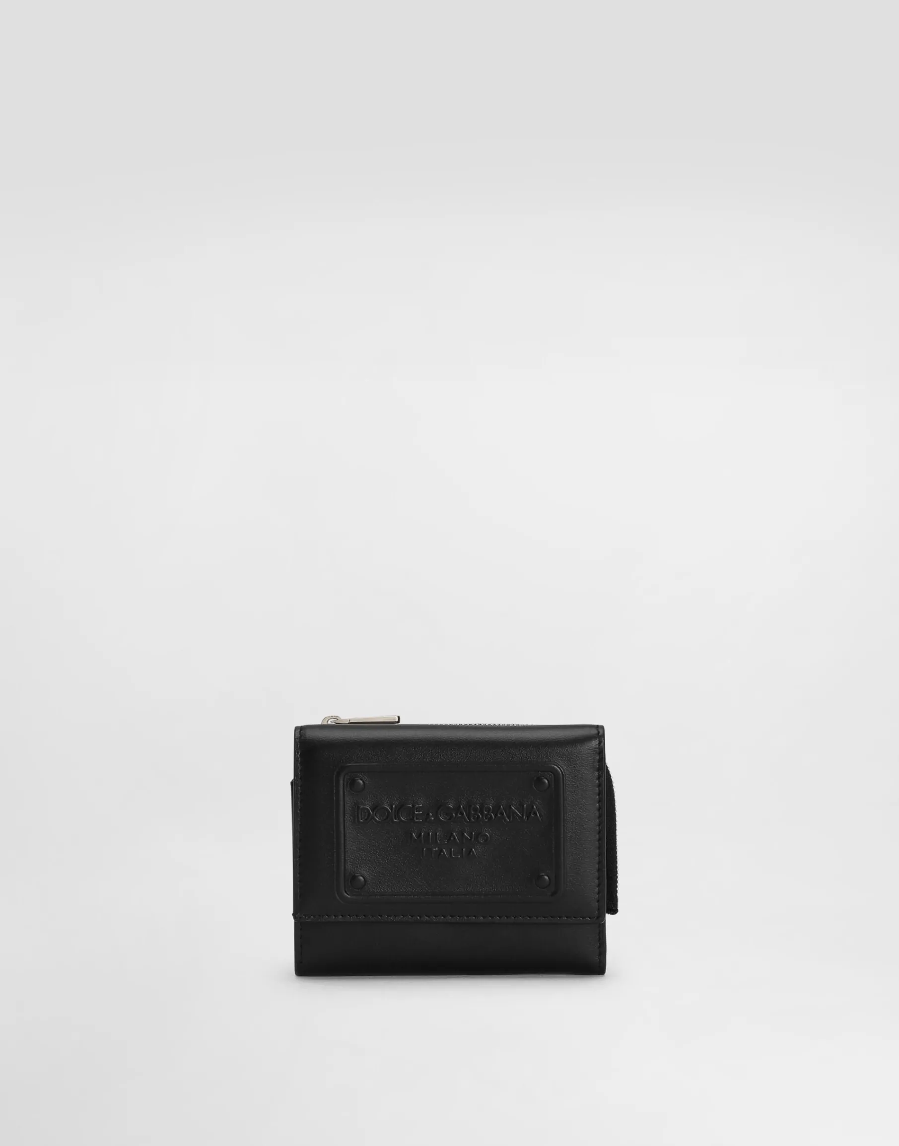 Calfskin French flap wallet with raised logo