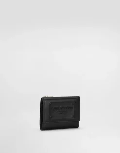 Calfskin French flap wallet with raised logo