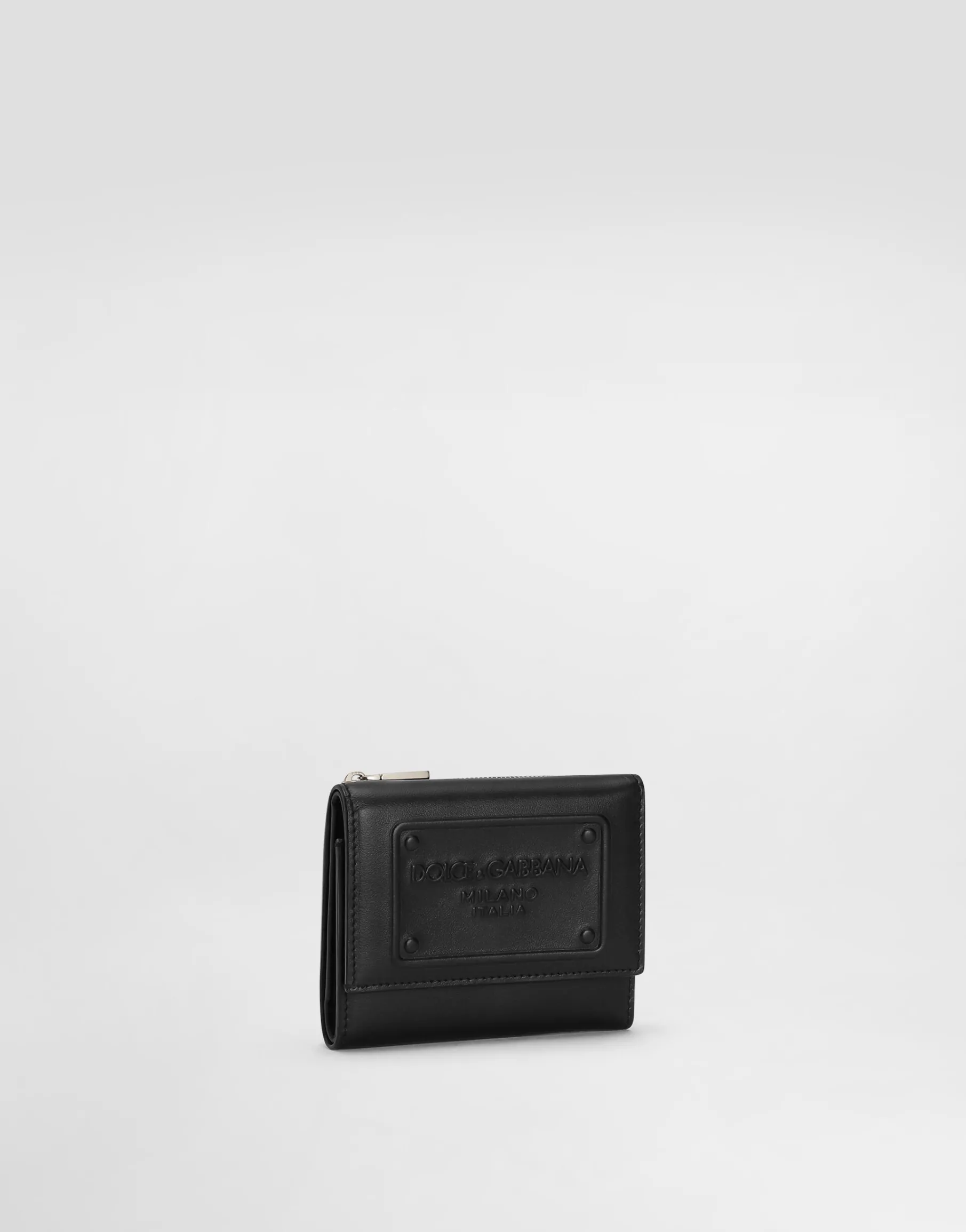 Calfskin French flap wallet with raised logo