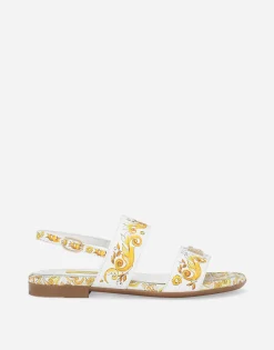Calfskin sandals with yellow majolica print