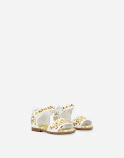 Calfskin sandals with yellow majolica print