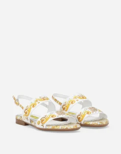 Calfskin sandals with yellow majolica print
