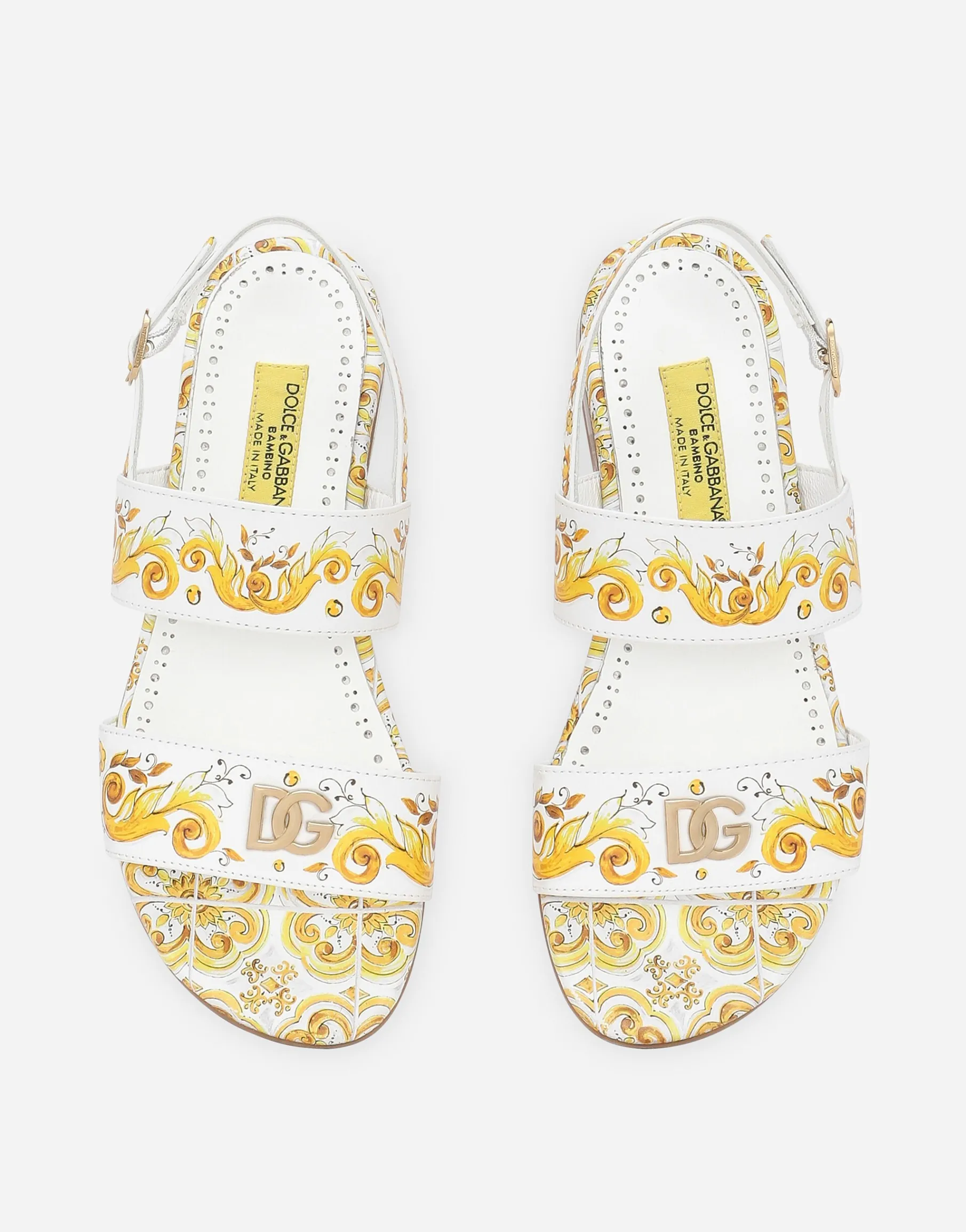 Calfskin sandals with yellow majolica print