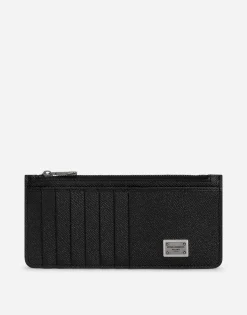 Calfskin vertical card holder with logo tag