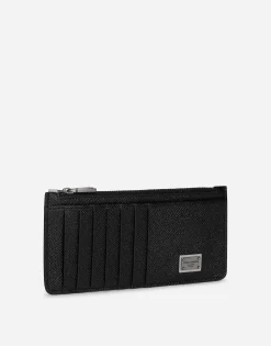 Calfskin vertical card holder with logo tag