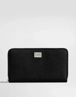 Calfskin zip-around wallet with branded plate