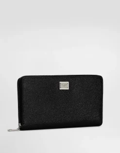 Calfskin zip-around wallet with branded plate