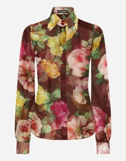 Camellia-print chiffon shirt