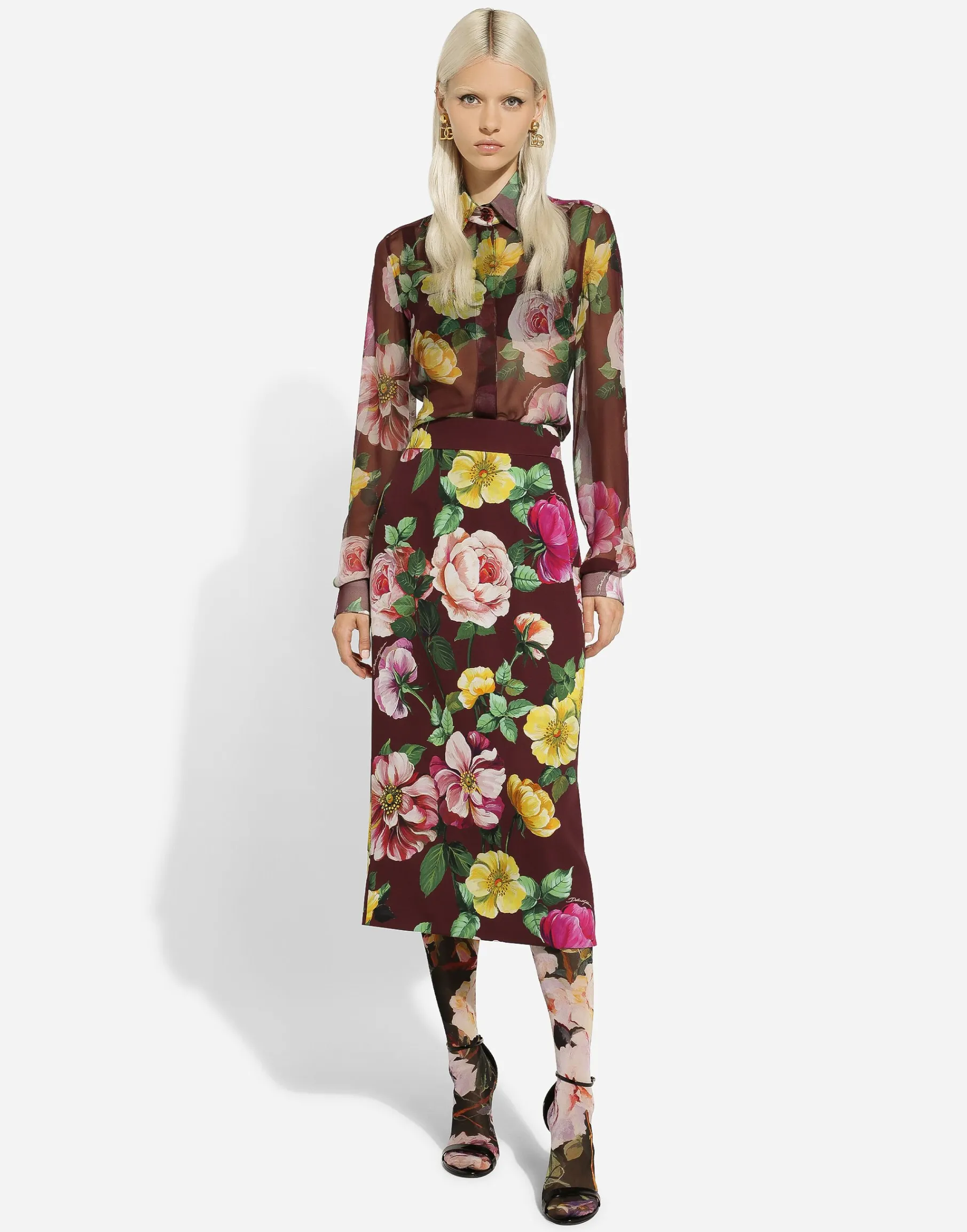 Camellia-print chiffon shirt