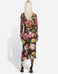 Camellia-print chiffon shirt