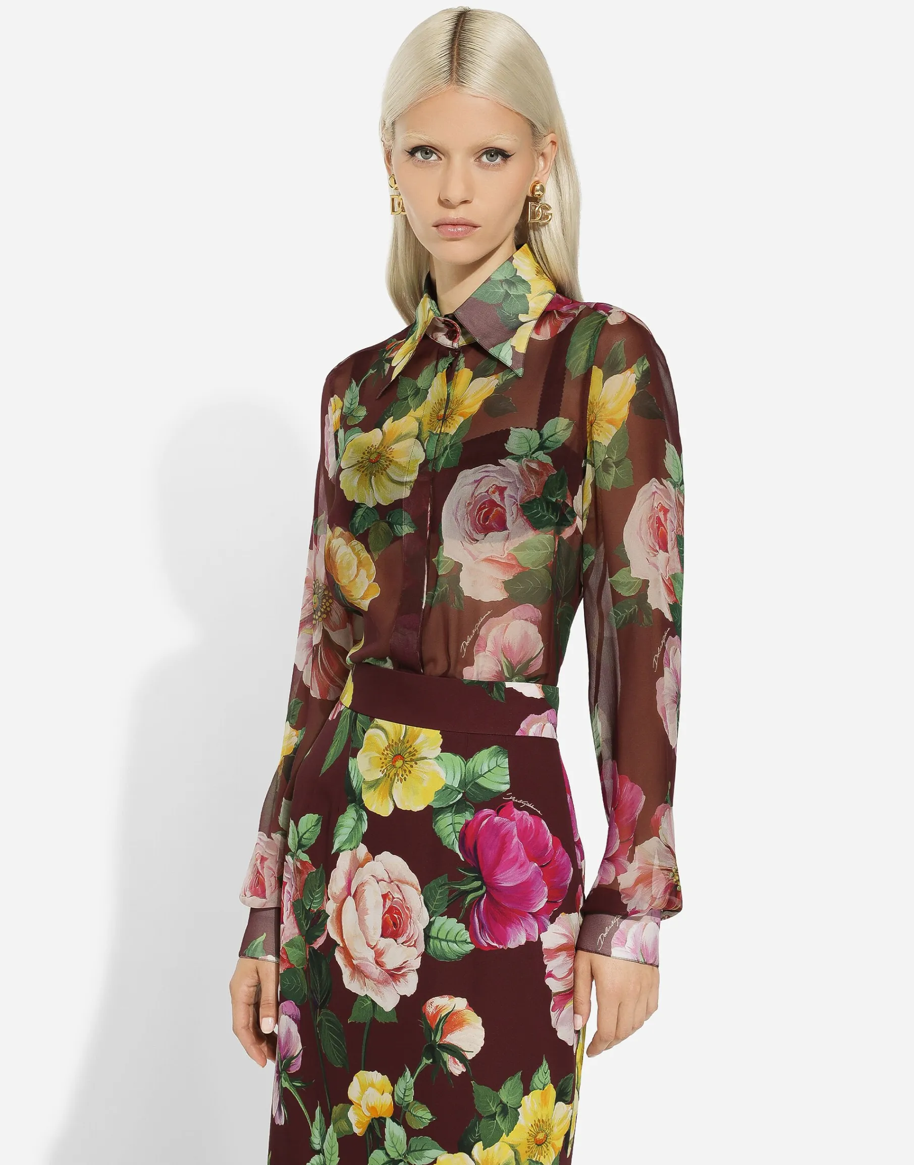 Camellia-print chiffon shirt