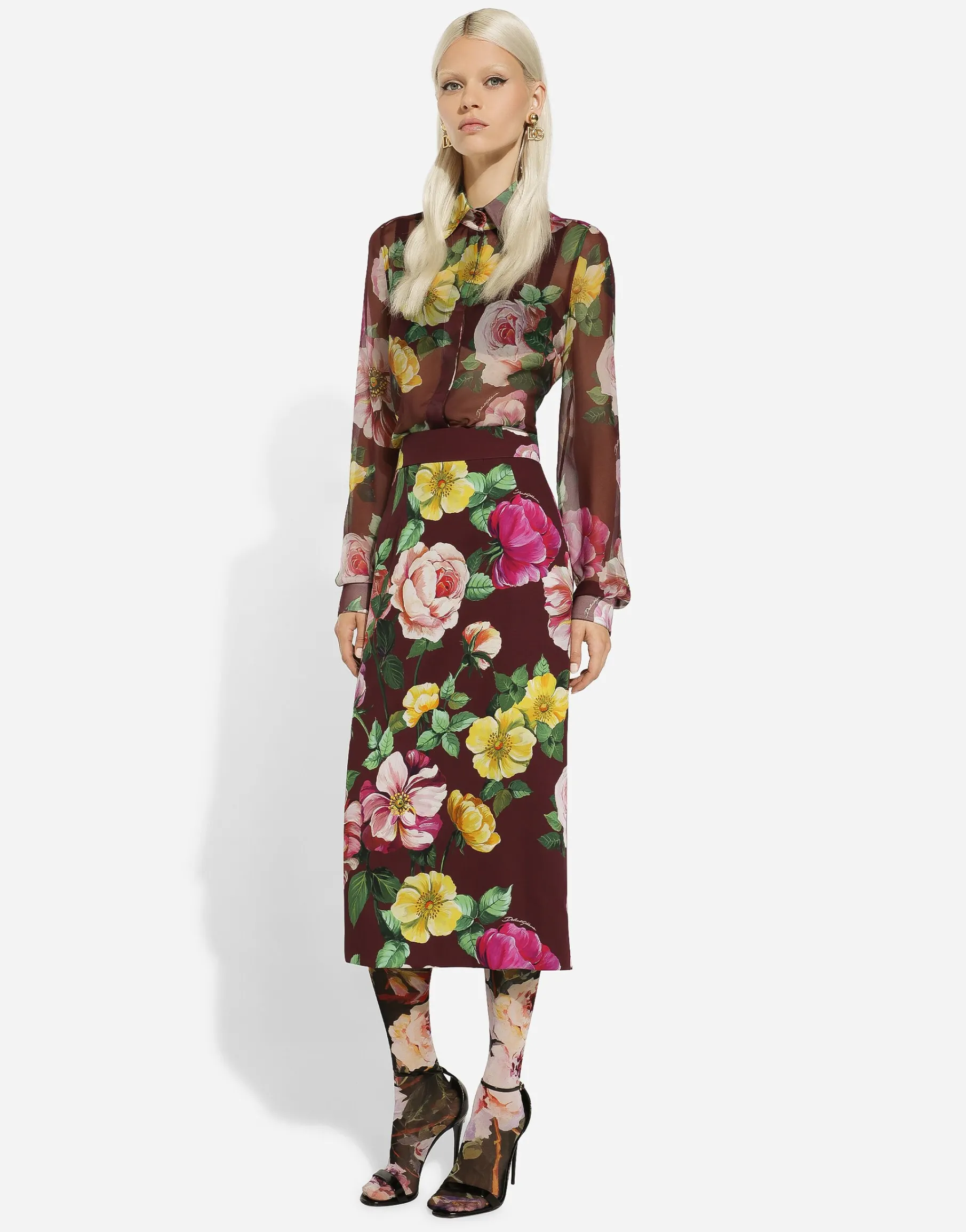 Camellia-print chiffon shirt