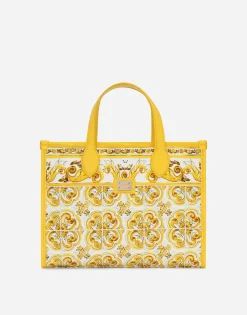 Canvas handbag with yellow majolica print