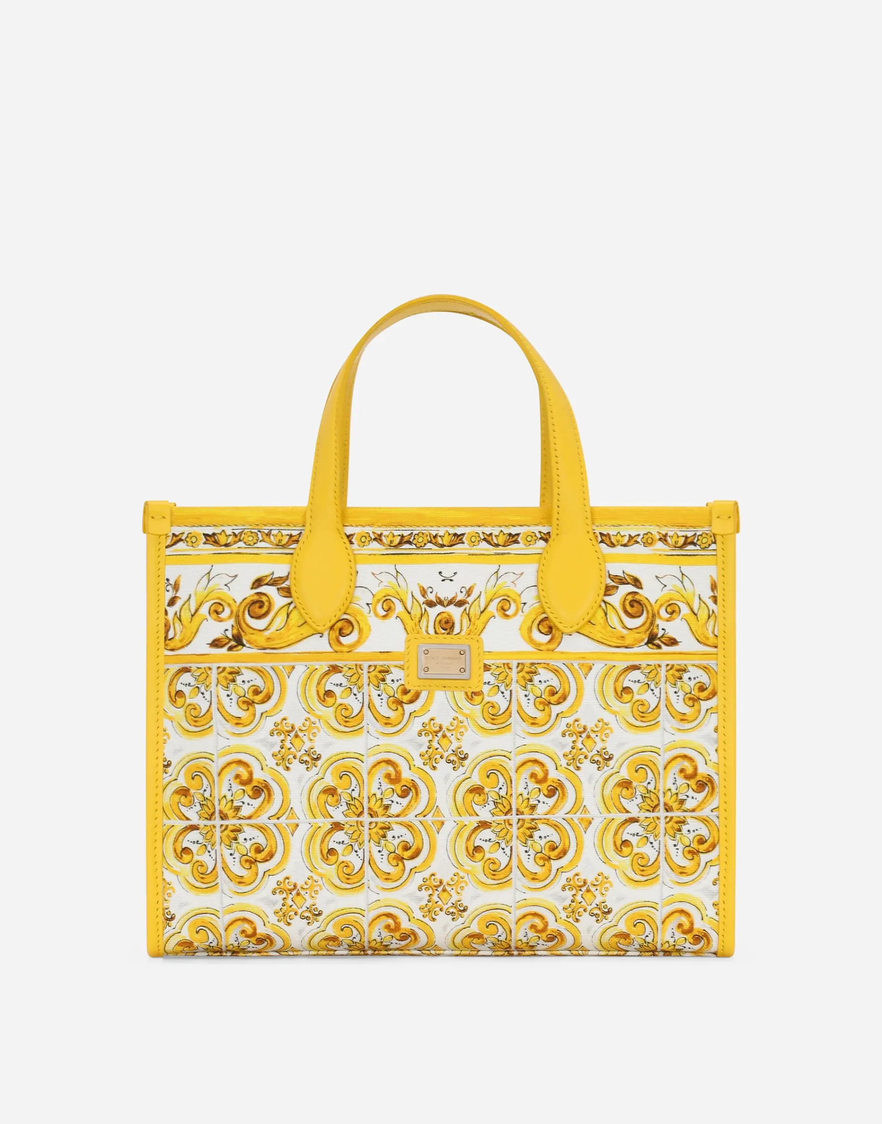 Canvas handbag with yellow majolica print