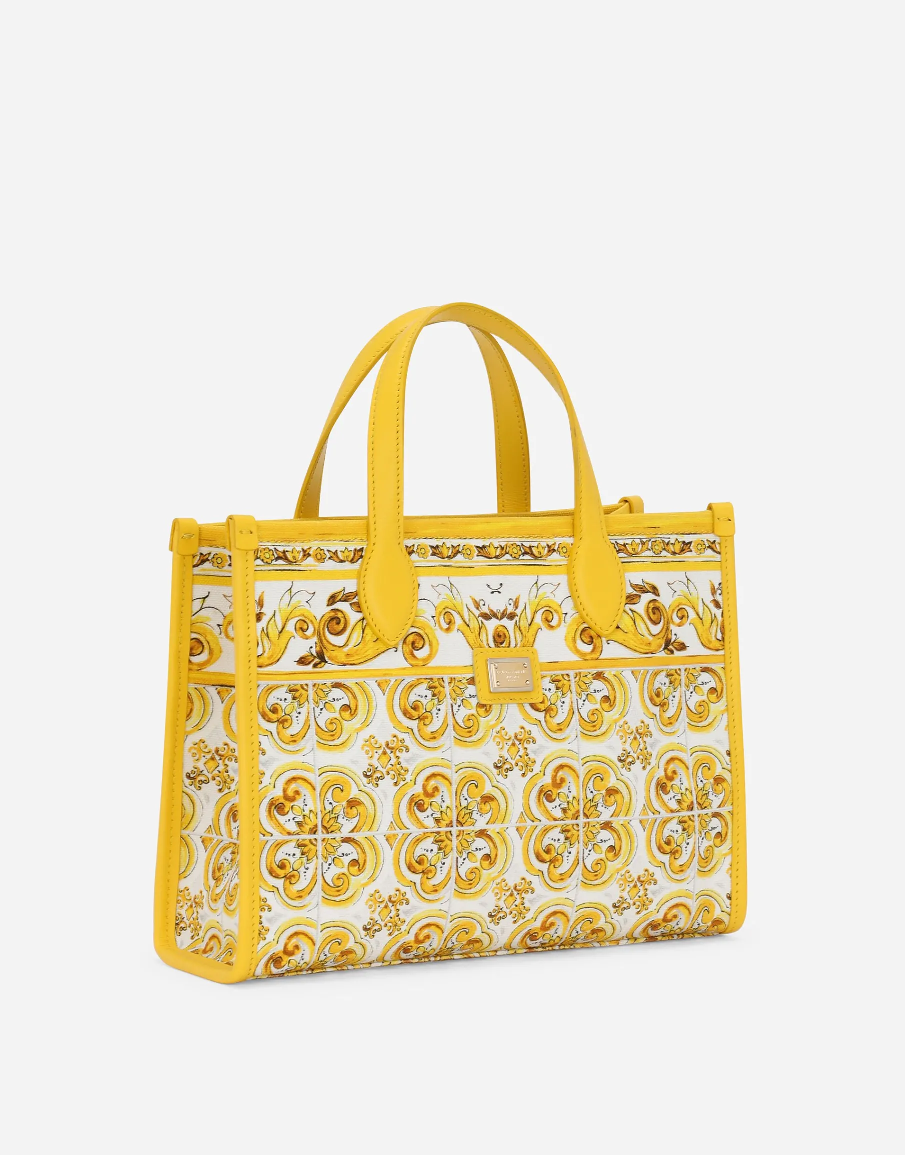 Canvas handbag with yellow majolica print