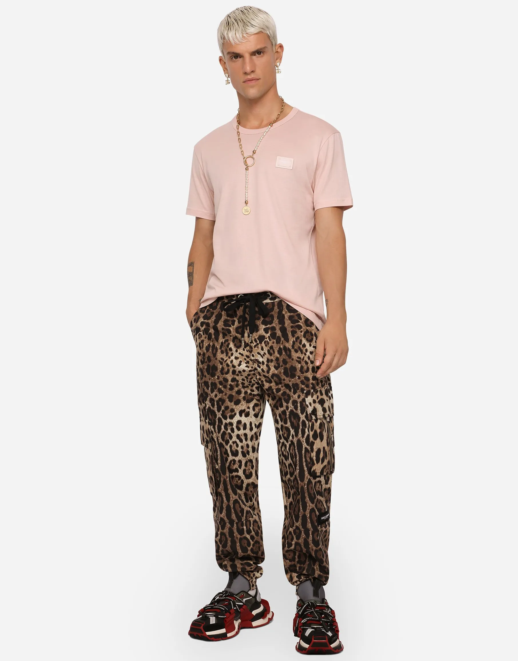 Cargo-style jogging pants with leopard print