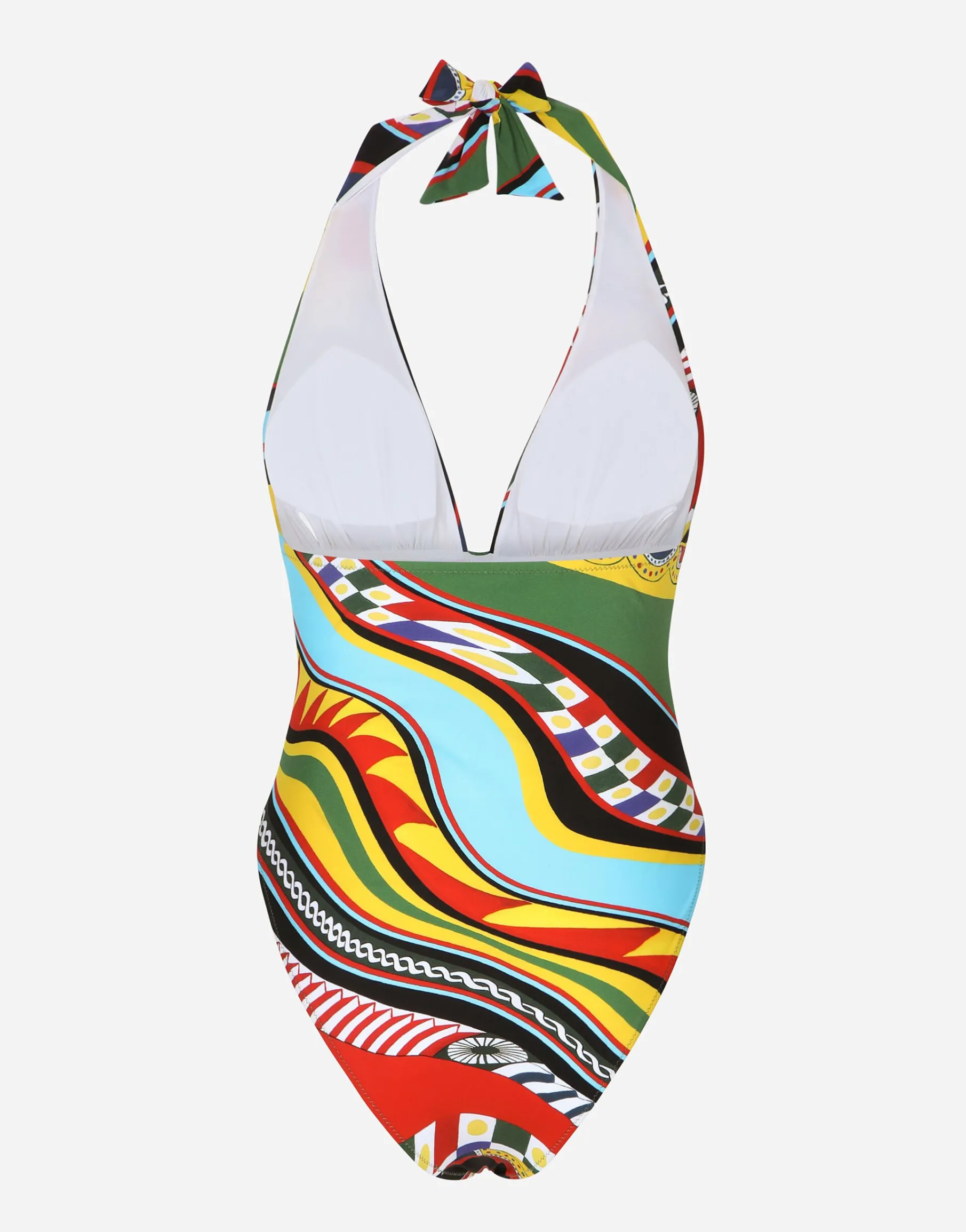 Carretto-print one-piece swimsuit with plunging neckline