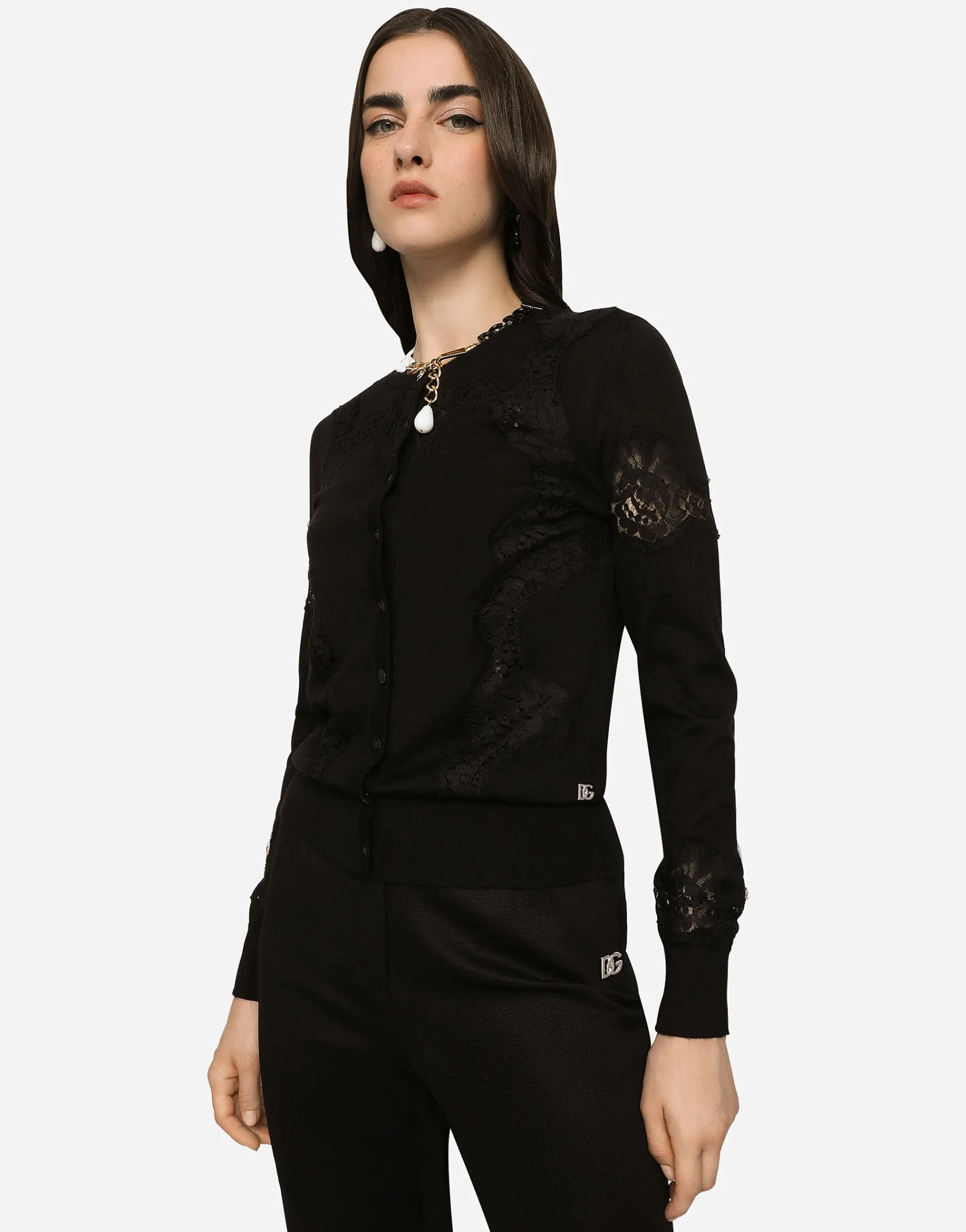 Cashmere and silk cardigan with lace inlay