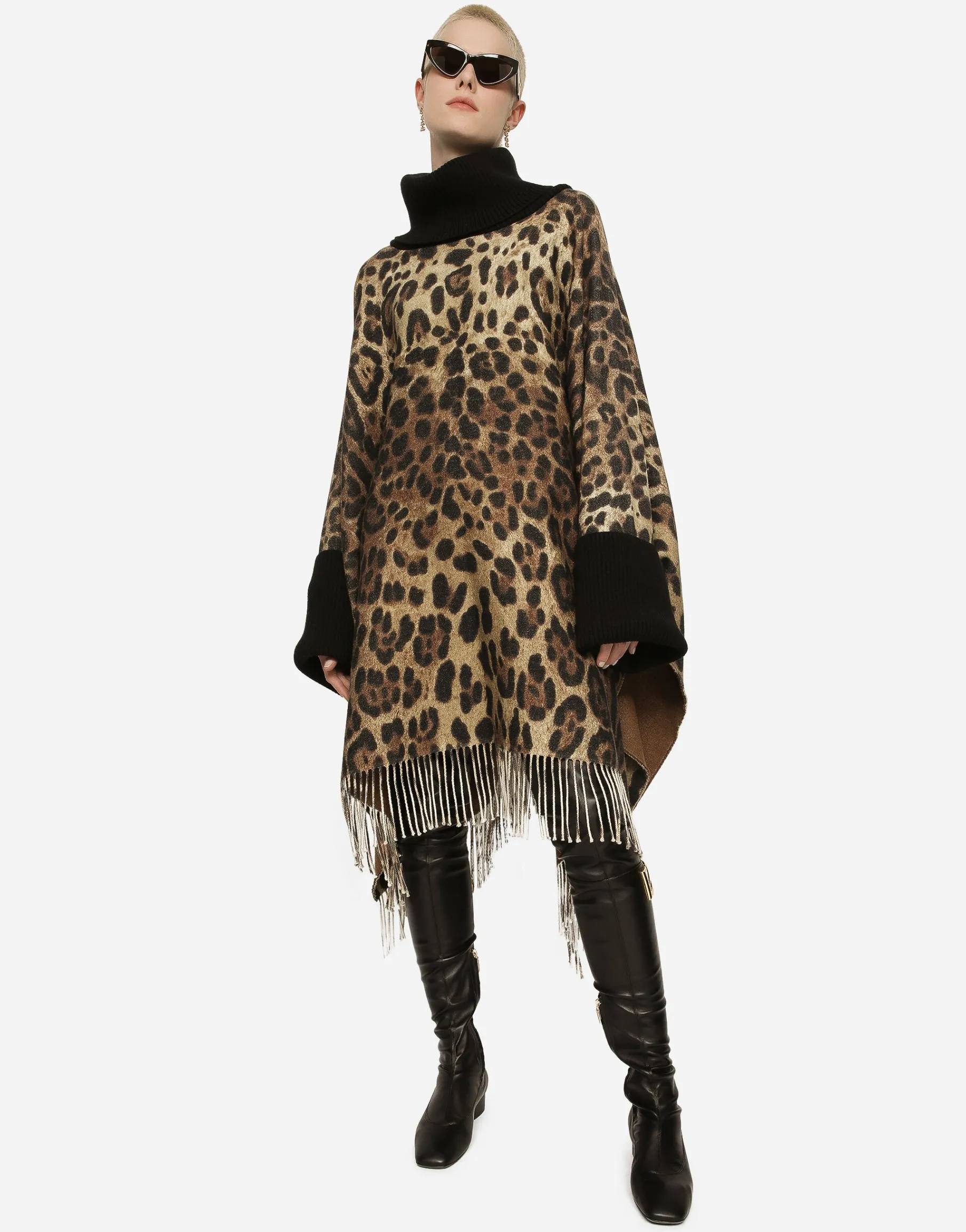Cashmere and wool poncho with fringing