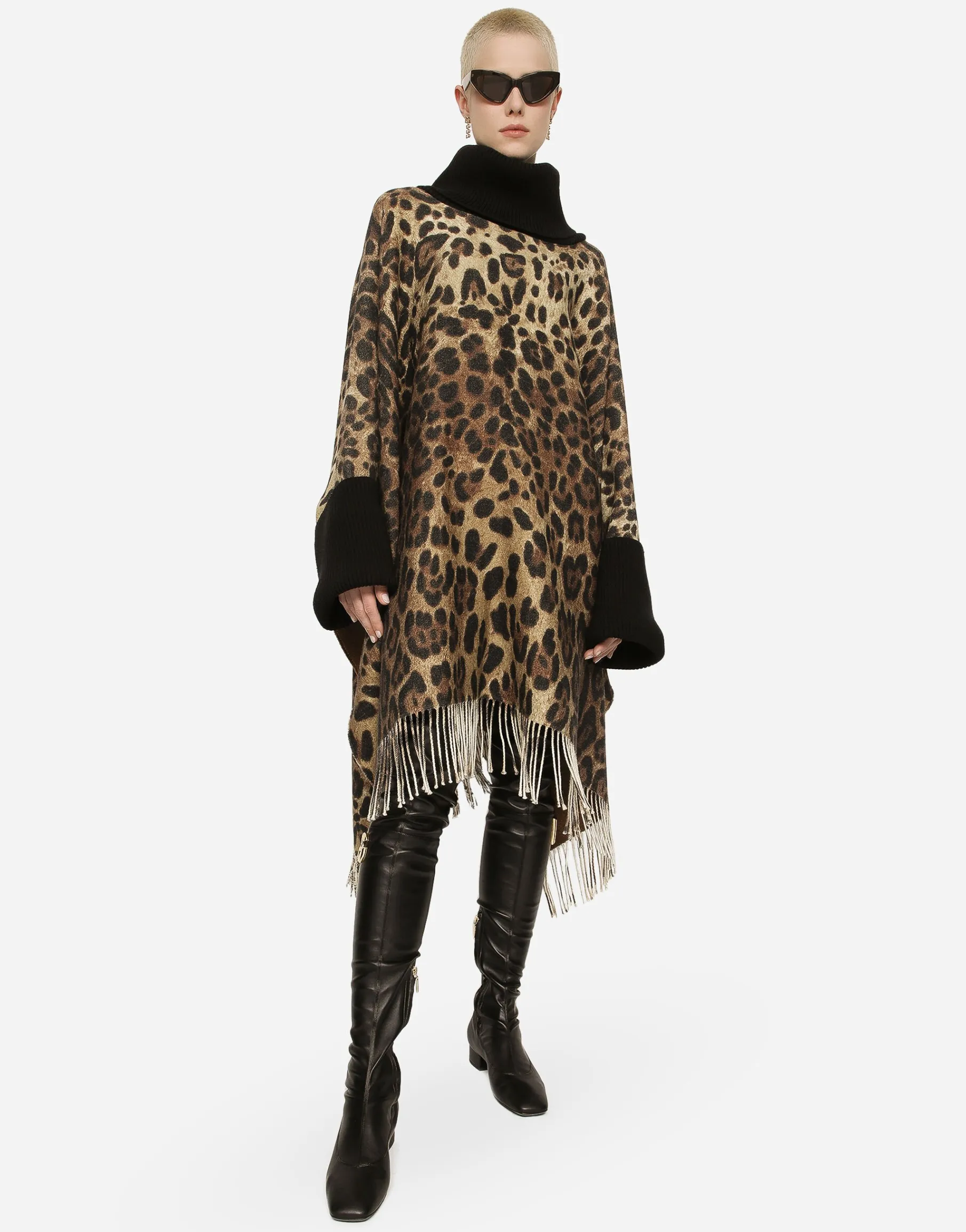 Cashmere and wool poncho with fringing