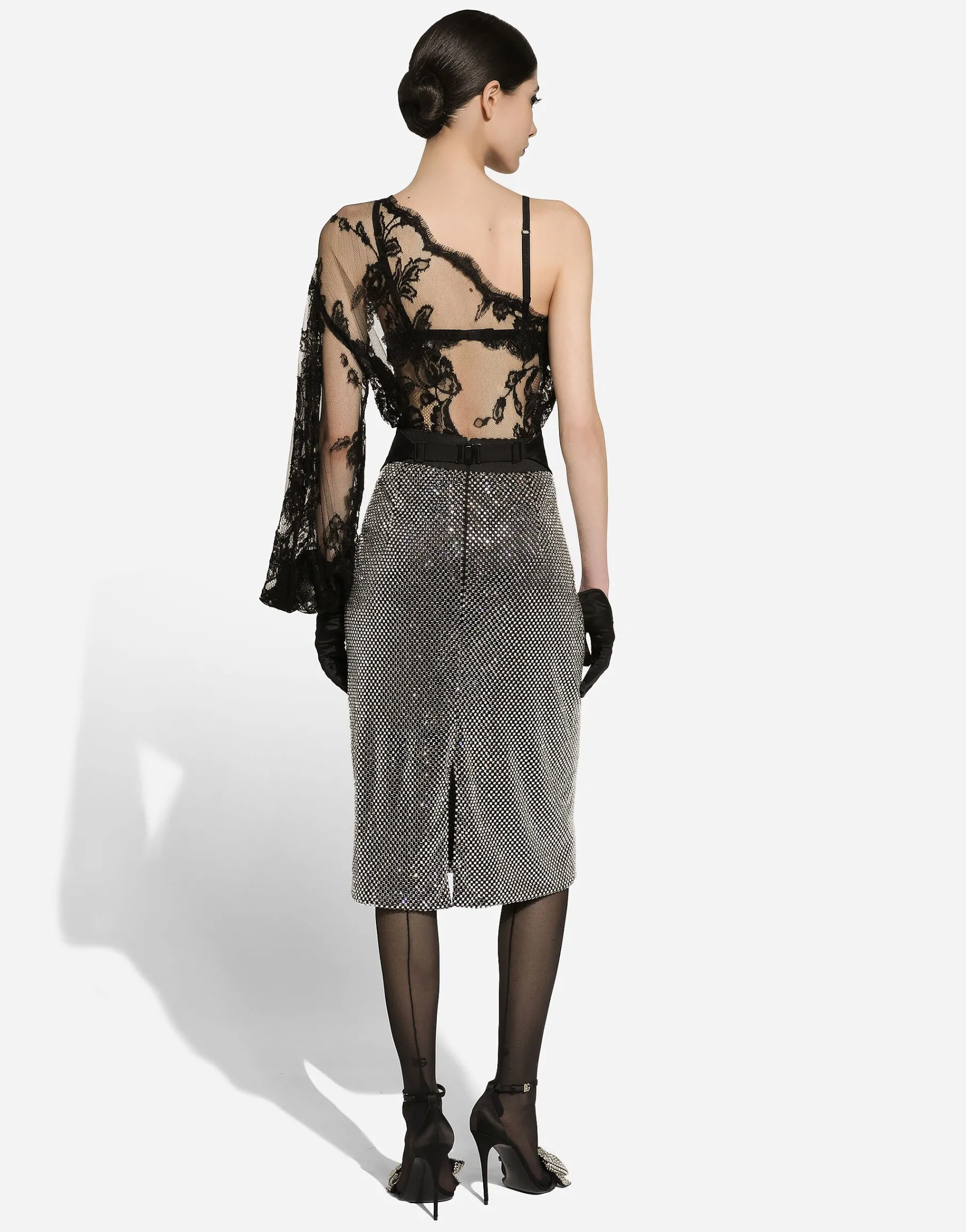 Chantilly lace one-shoulder blouse