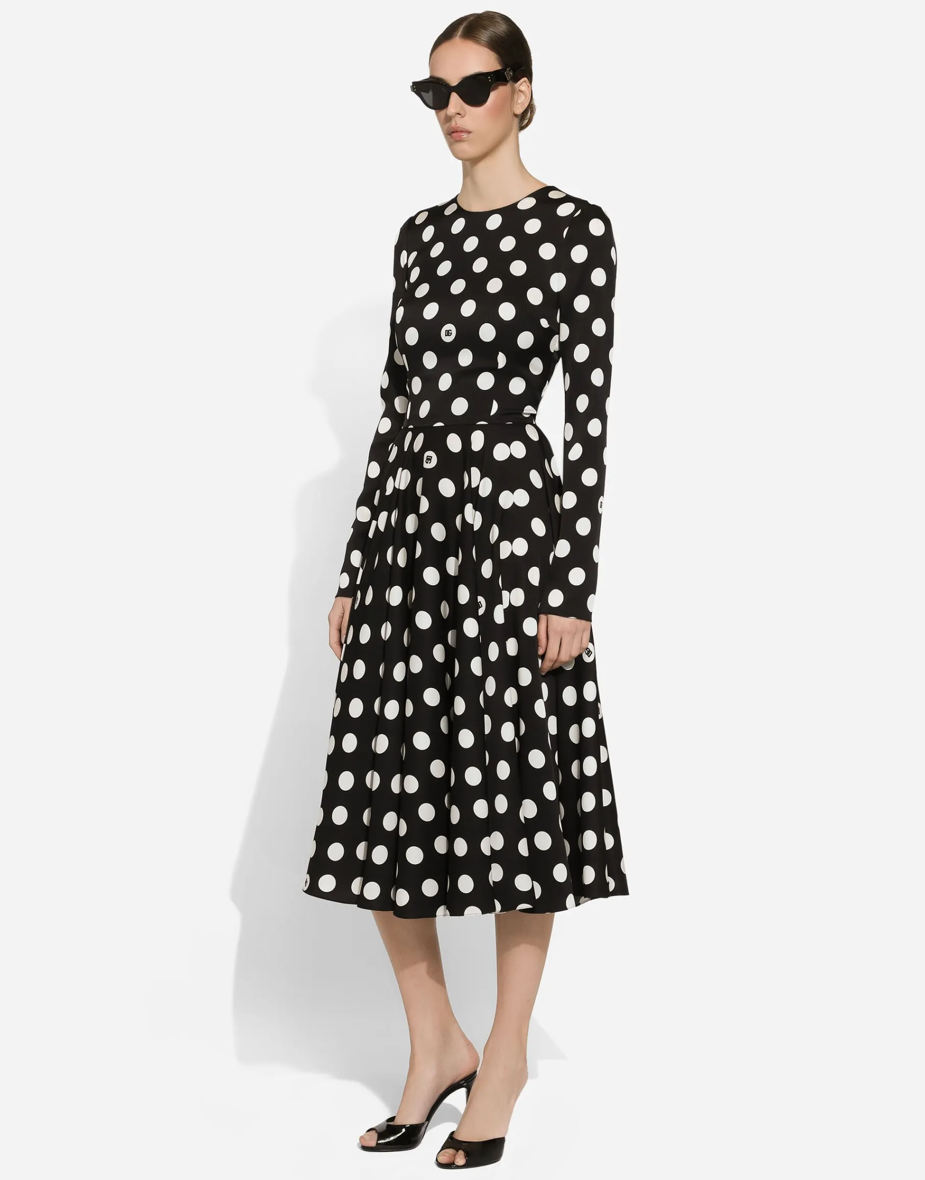 Charmeuse calf-length circle-skirt dress with polka-dot print