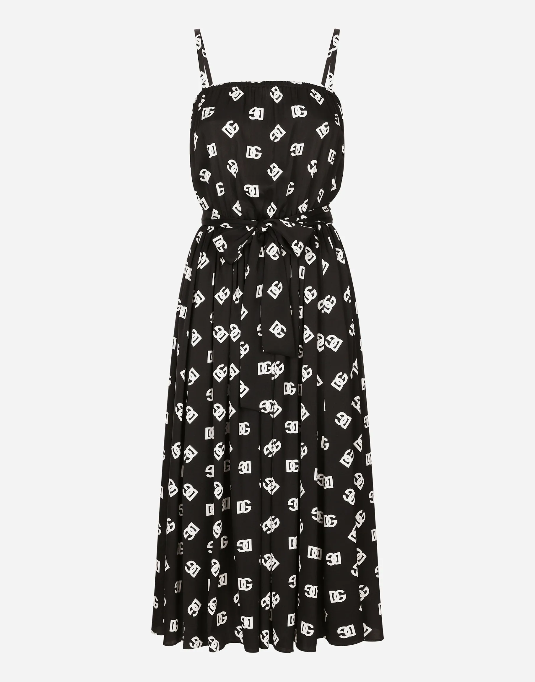 Charmeuse calf-length dress with all-over DG logo print